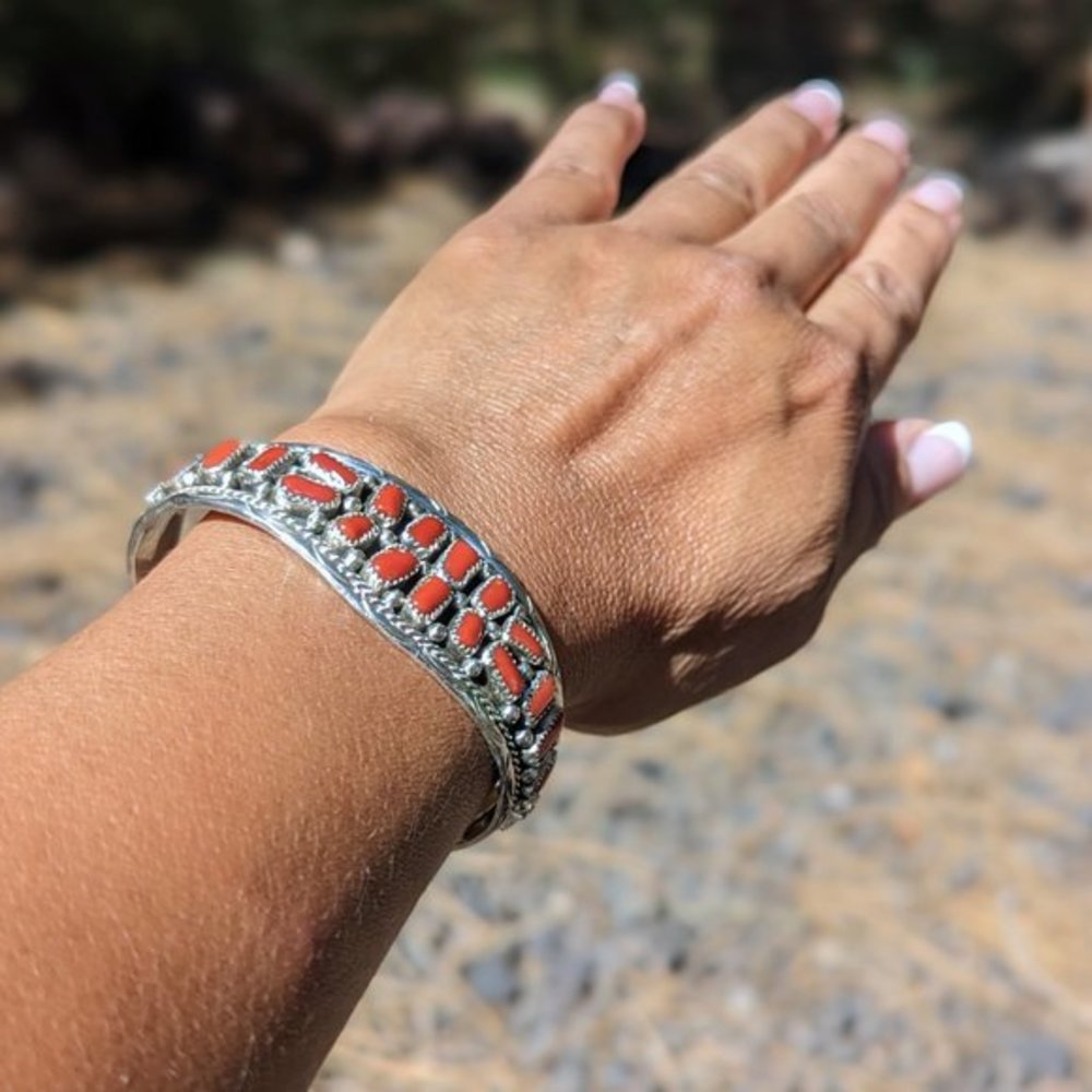 Navajo Bracelet Cluster Coral Jewelry Sterling Silver Native American Sz 6.5in** - Picture 5 of 10
